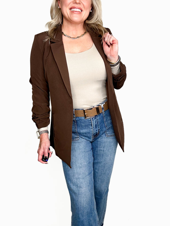 The Modern Ruched Sleeve Blazer- Mocha