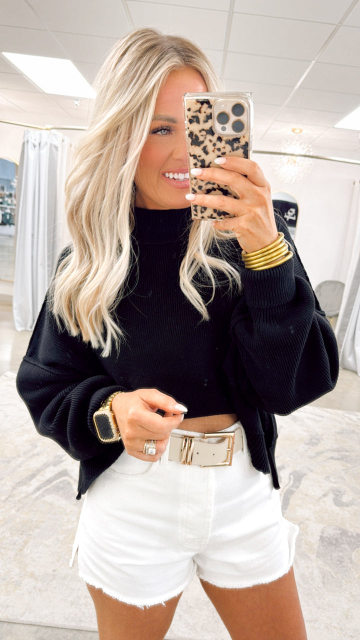 The Elise Side Slit Cropped Sweater- Black