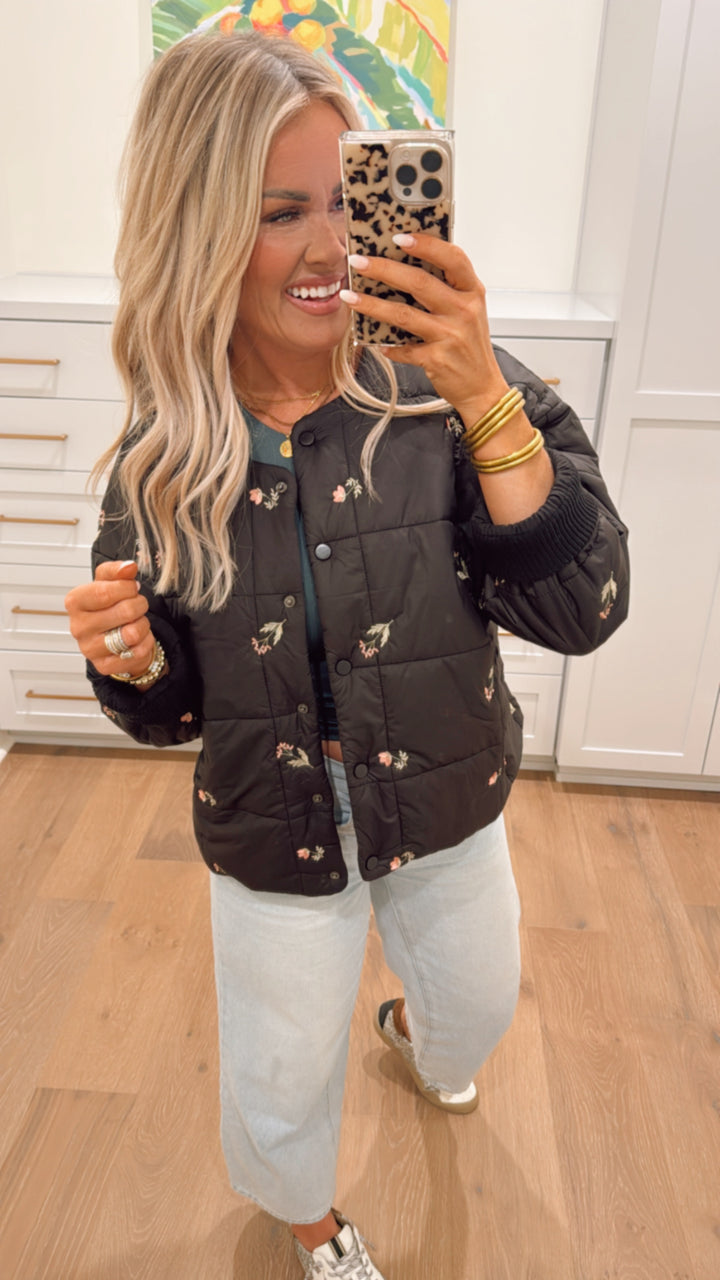 Embroidered Floral Quilted Puffer Jacket