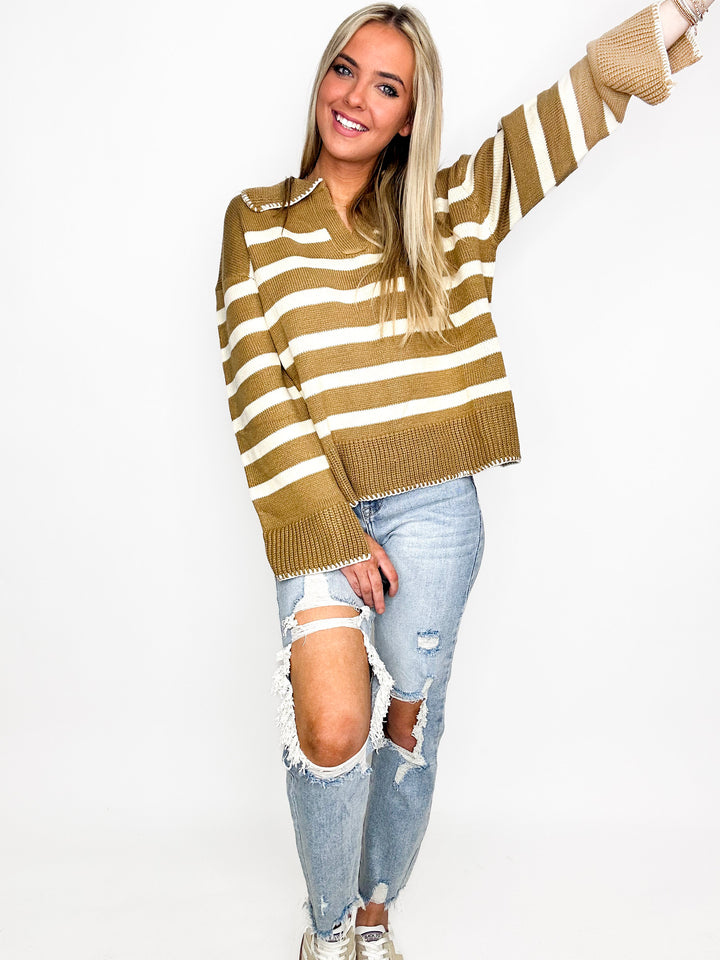 Clara Camel and Ivory Stripe Pattern Knit Sweater