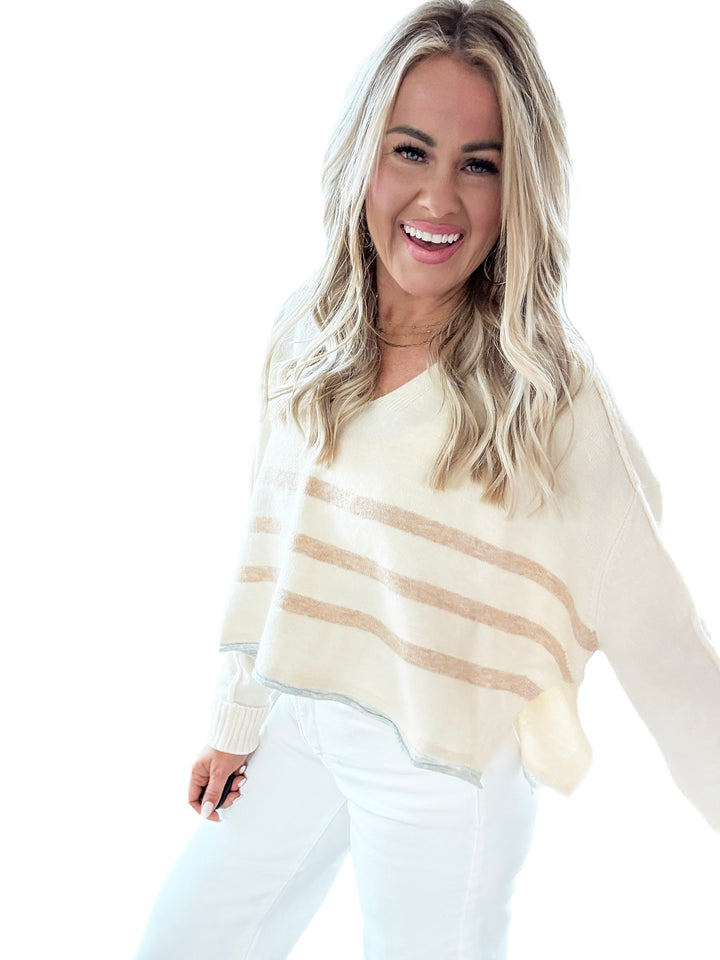 The Cleo Split Neck Stripe Crop Sweater