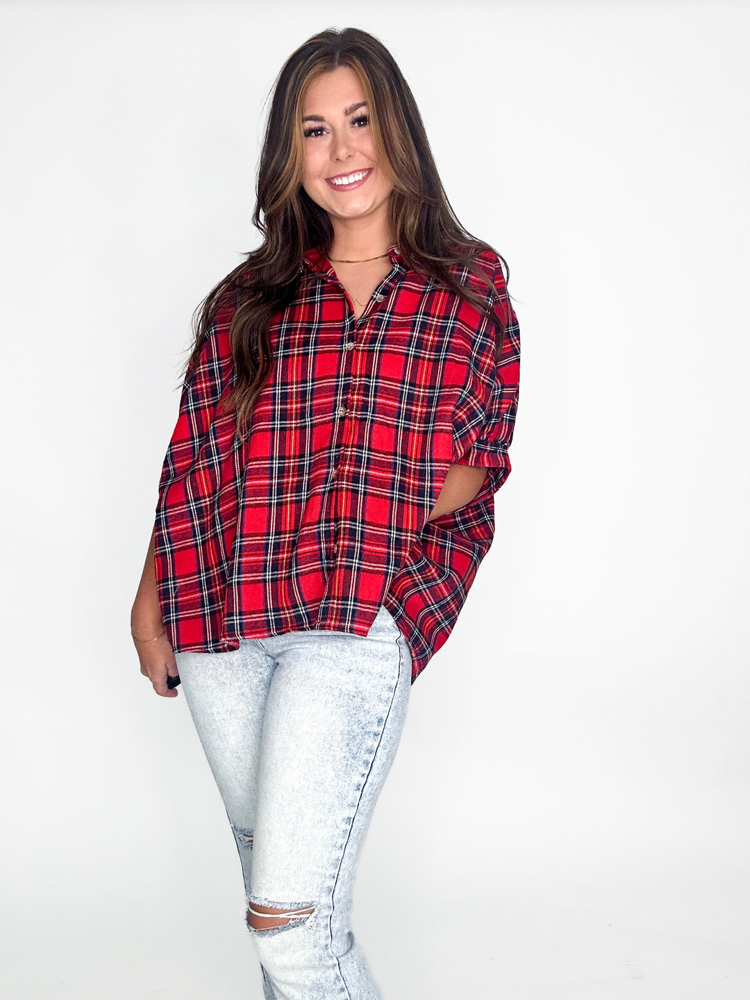 Plaid Harmony Oversized Shirt - Red