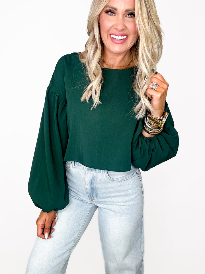 Hunter Green Cropped Balloon Sleeve Top