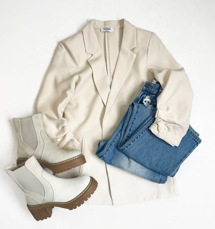 The Modern Ruched Sleeve Blazer-Cream