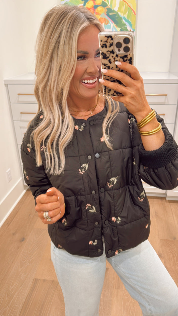 Embroidered Floral Quilted Puffer Jacket