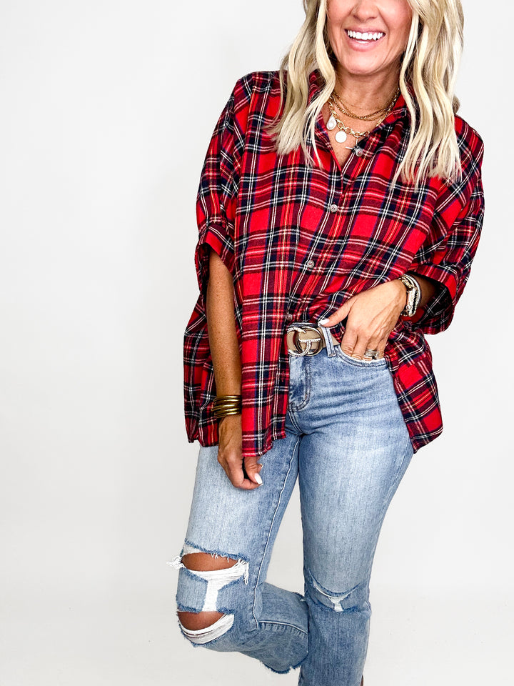 Plaid Harmony Oversized Shirt - Red