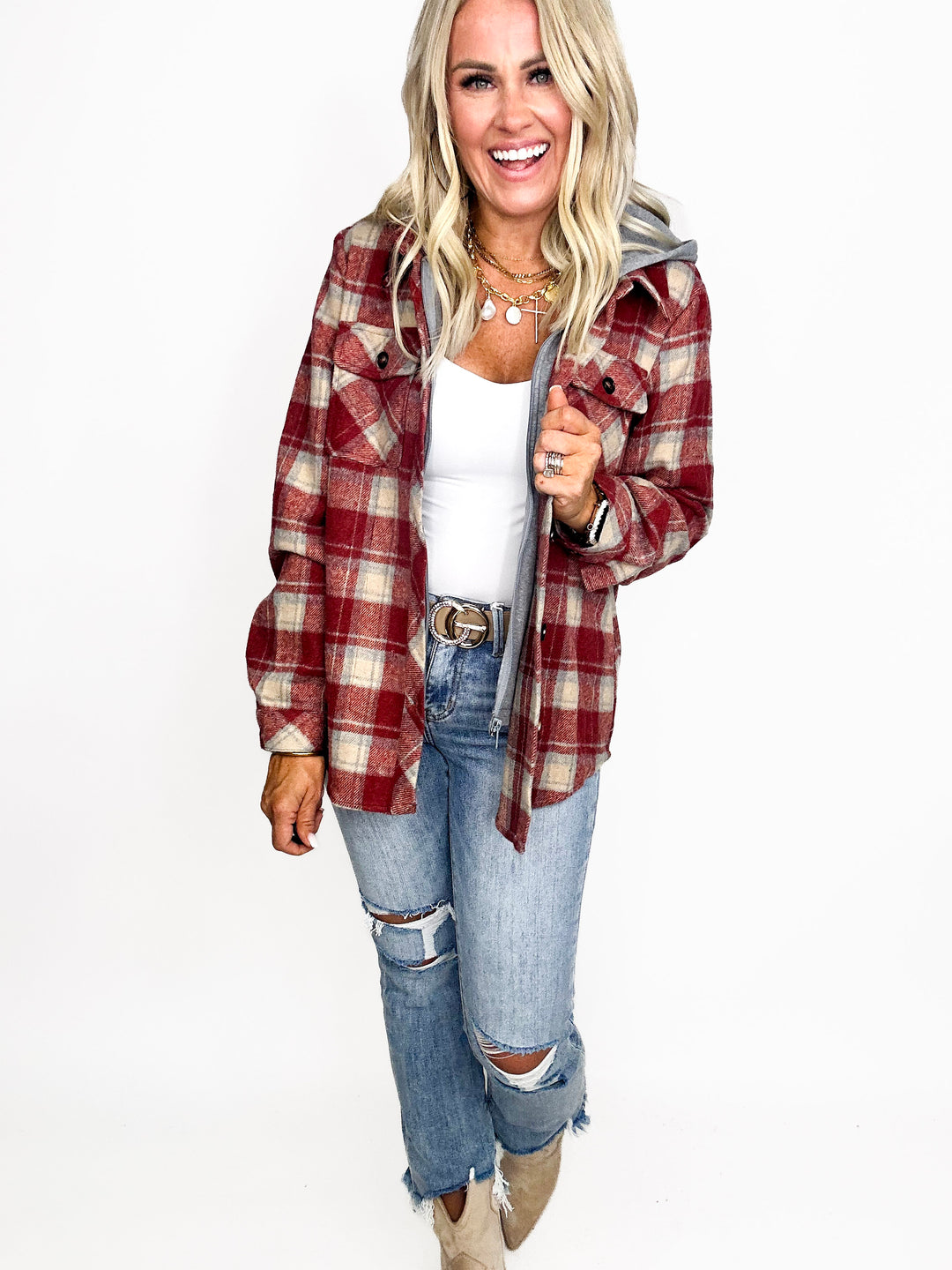 Plaid Hoodie Shacket - Red