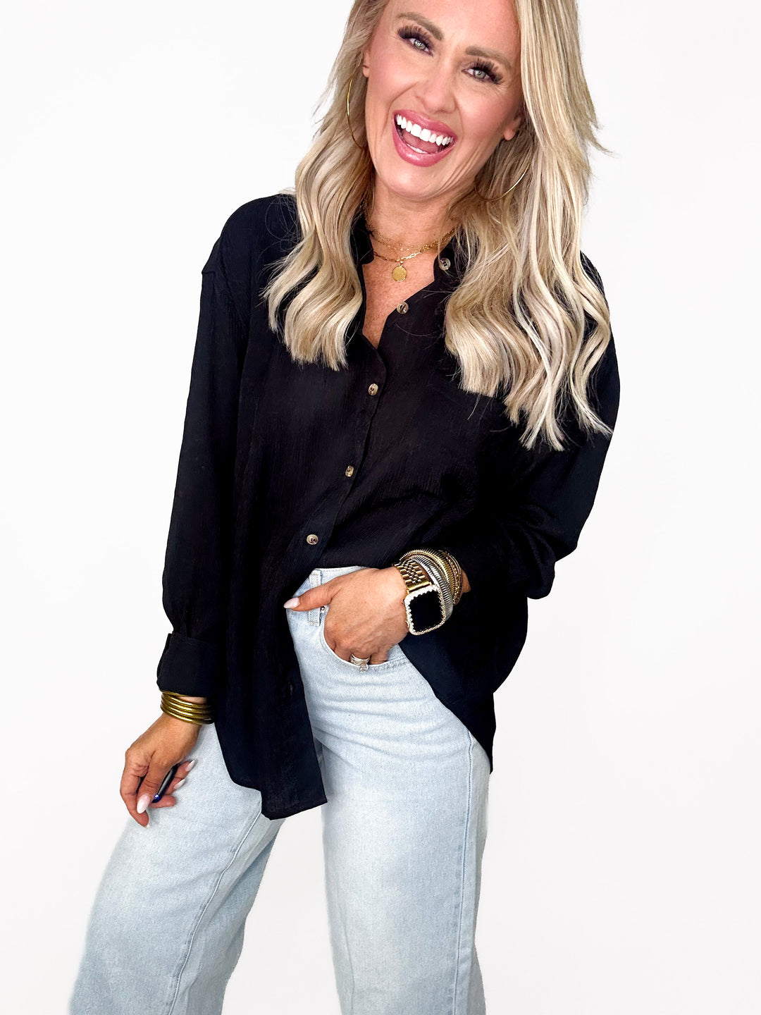 Black-Camille Textured Button-Down Top