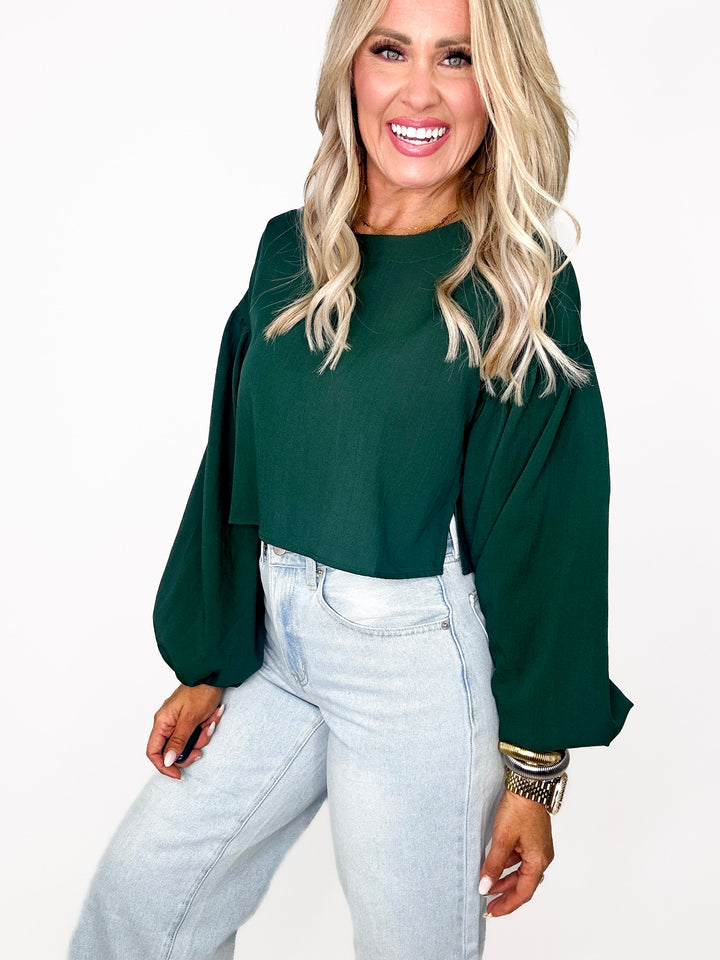 Hunter Green Cropped Balloon Sleeve Top