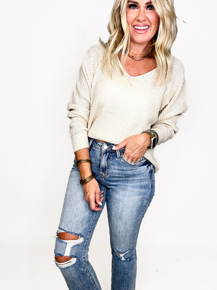 Cream Effortless V-Neck Raglan Pullover