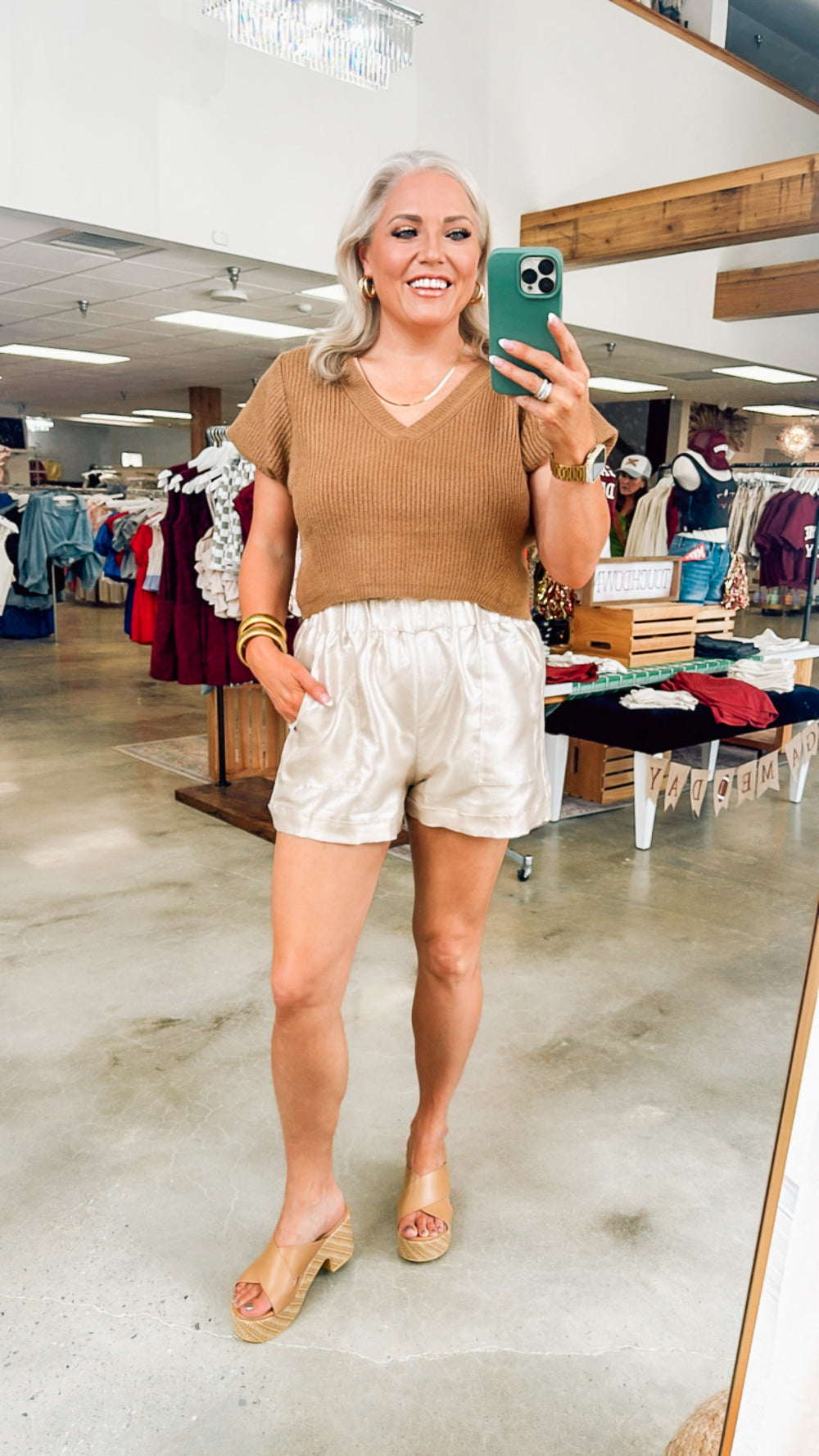 shimmer shorts, gold metallic shorts, taupe metallic shorts, high waisted shorts, game day outift