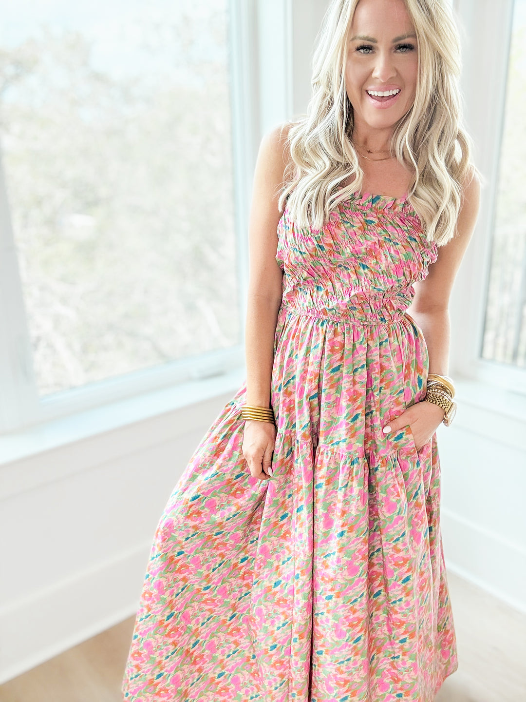 The Ivy Brushed Print Smocked Maxi Dress