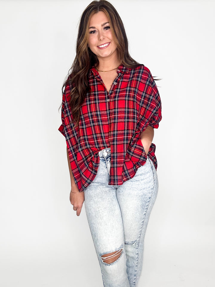 Plaid Harmony Oversized Shirt - Red