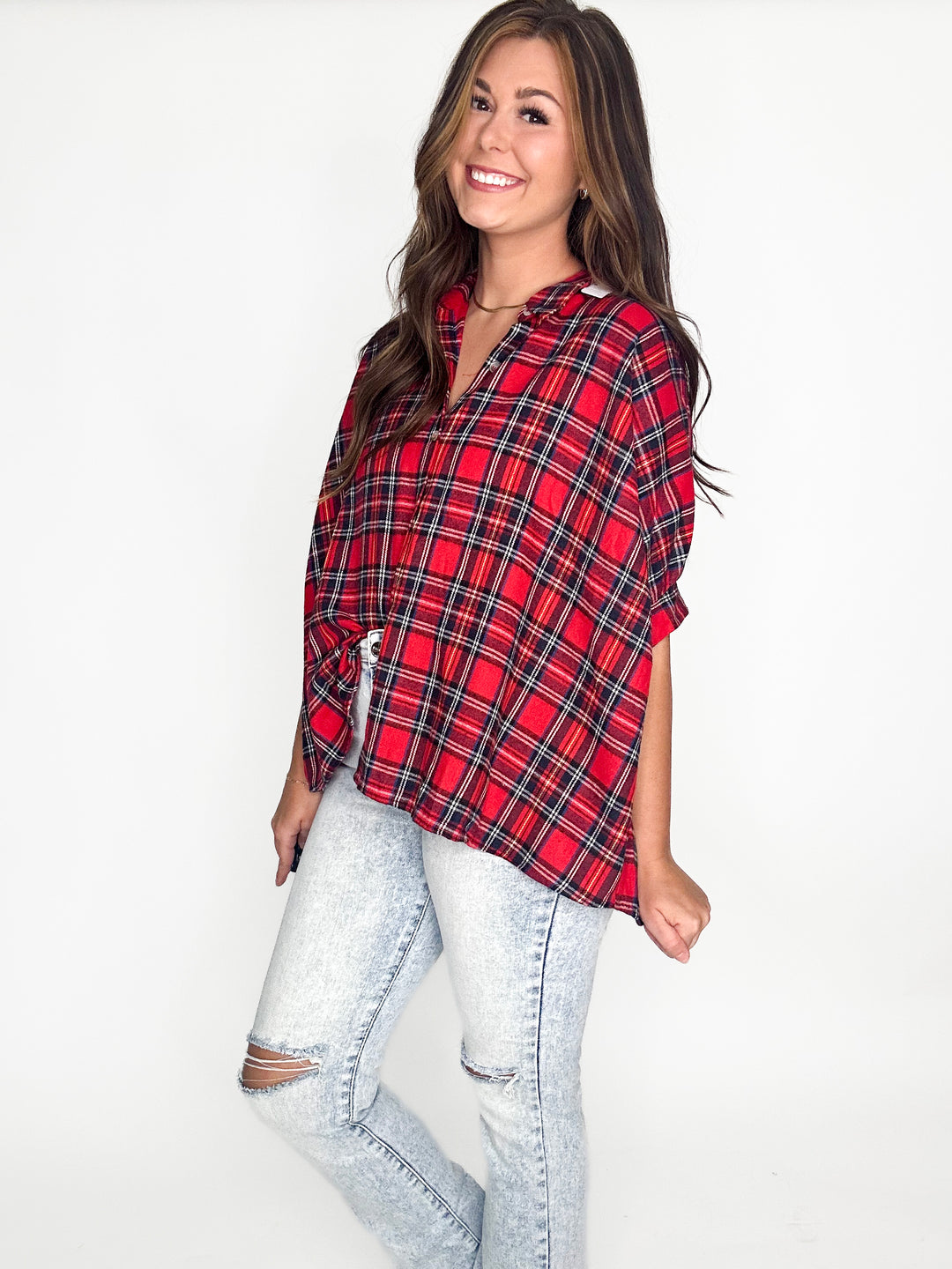 Plaid Harmony Oversized Shirt - Red