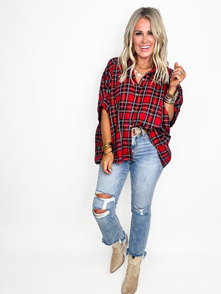 Plaid Harmony Oversized Shirt - Red