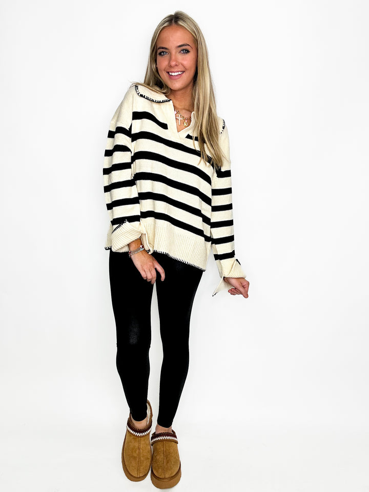 Clara Black and Ivory Stripe Pattern Knit Sweater