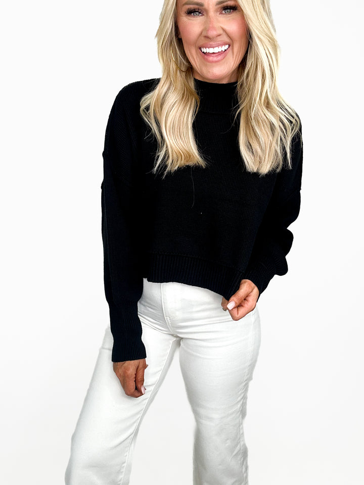 The Elise Side Slit Cropped Sweater- Black