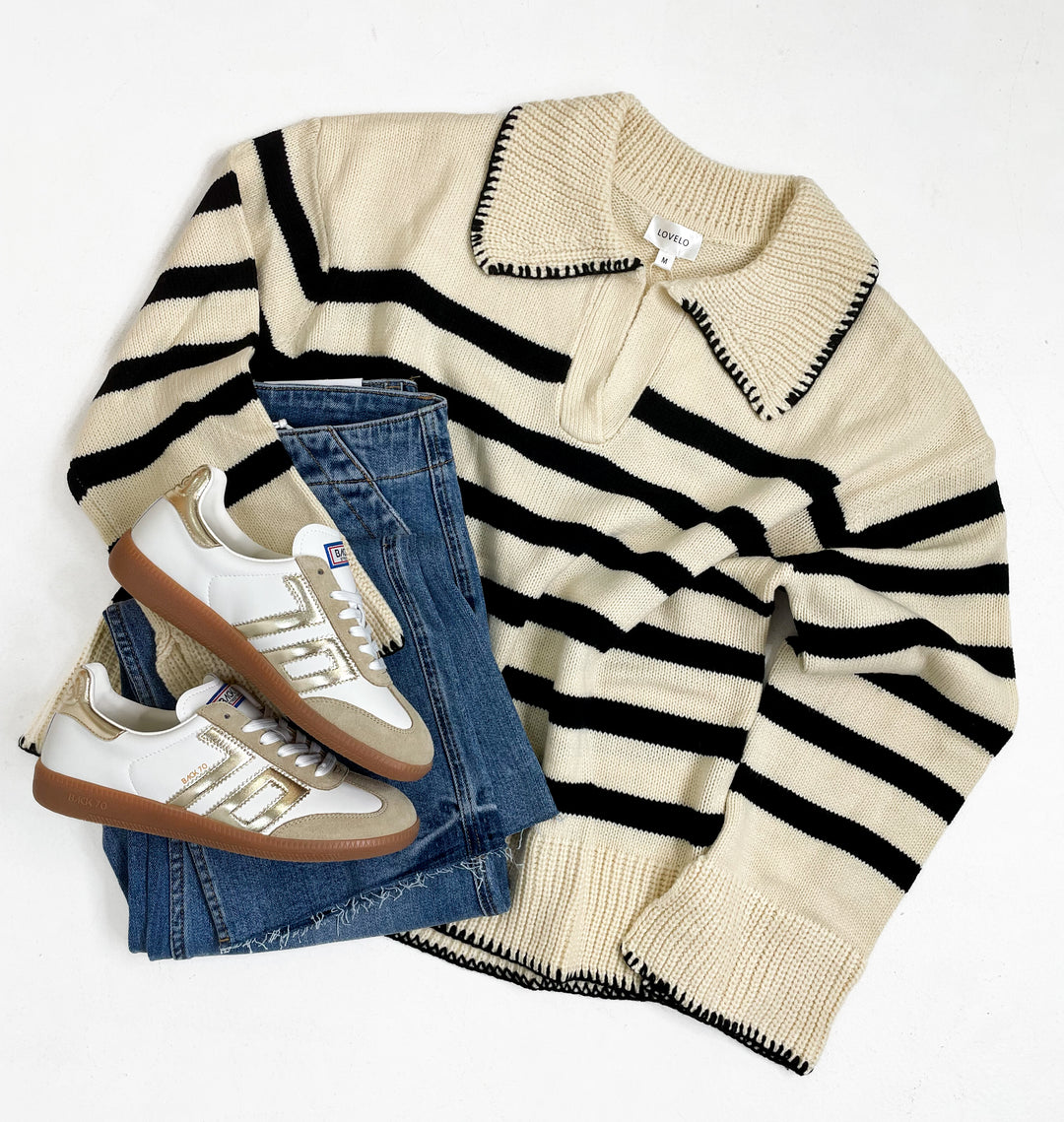 Clara Black and Ivory Stripe Pattern Knit Sweater