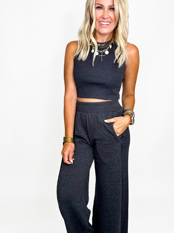 Harlow Halter Neck Crop Top & Pants Set-Charcoal