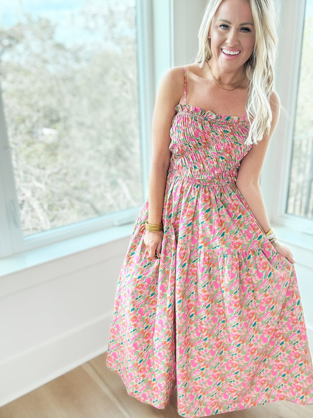 The Ivy Brushed Print Smocked Maxi Dress