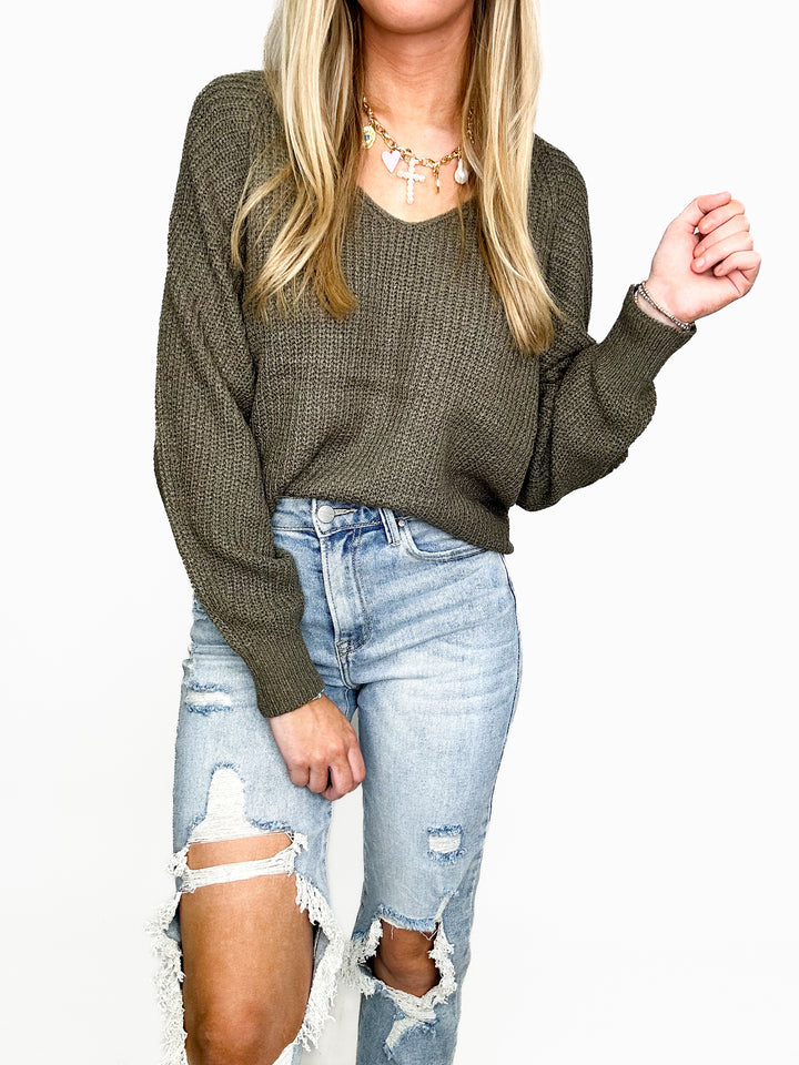 Olive Effortless V-Neck Raglan Pullover