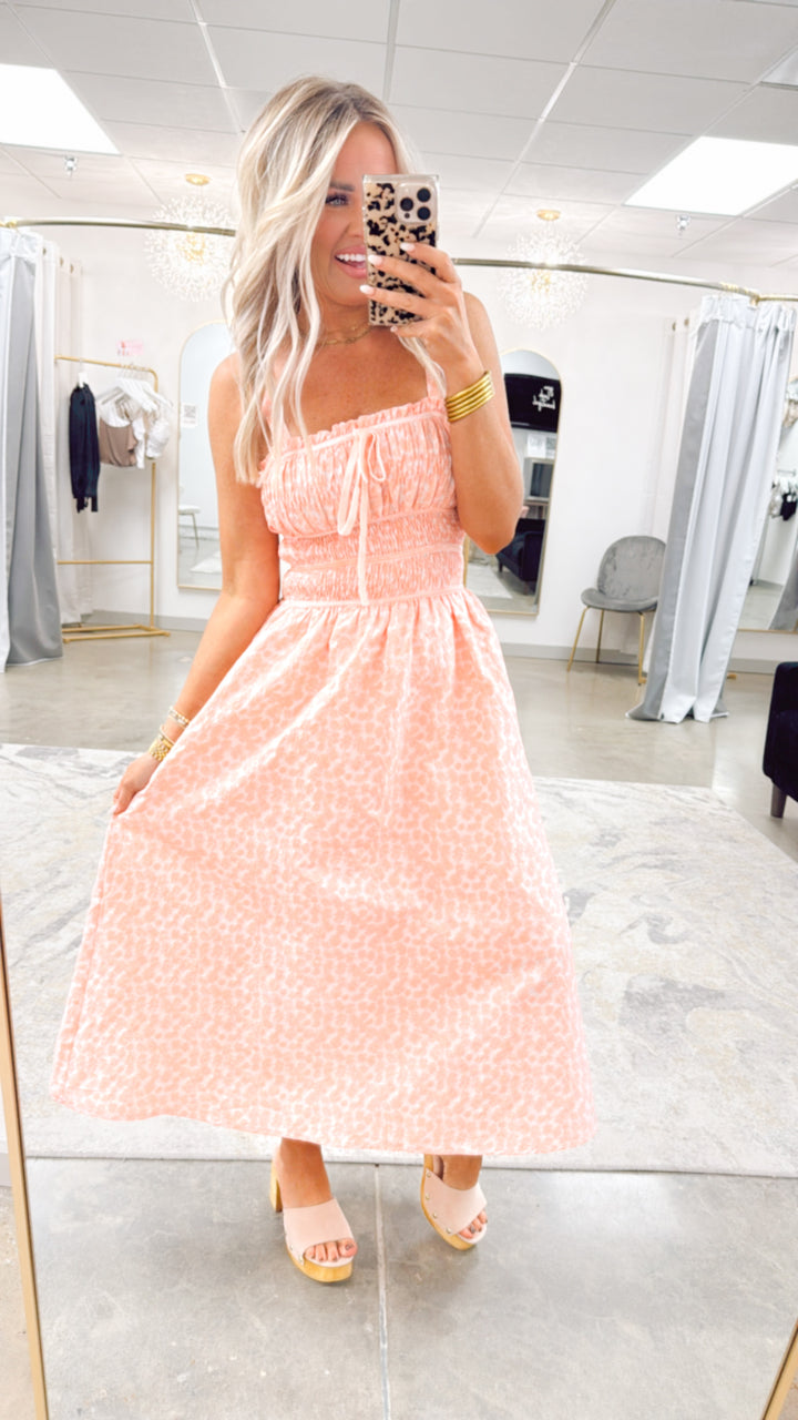 Coral Spring Smocked Midi Dress