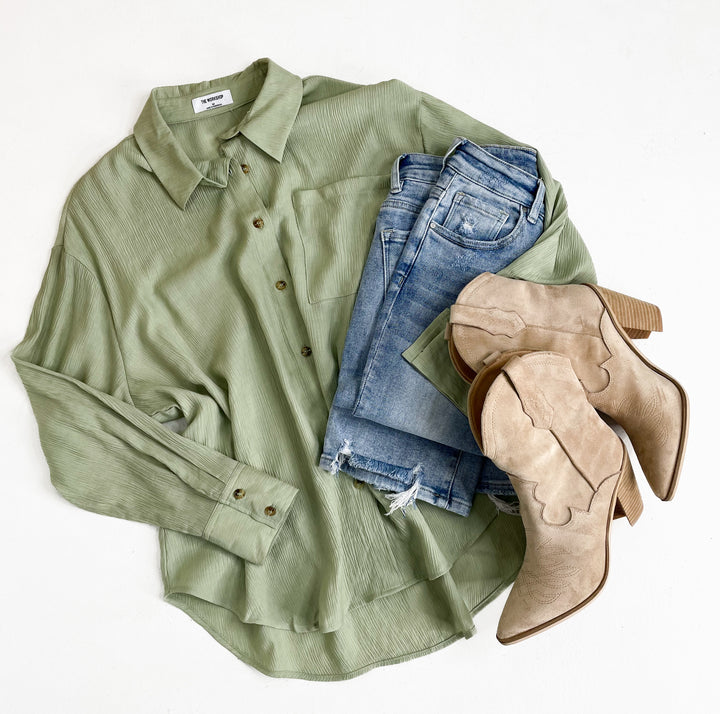 Olive- Camille Textured Button-Down Top