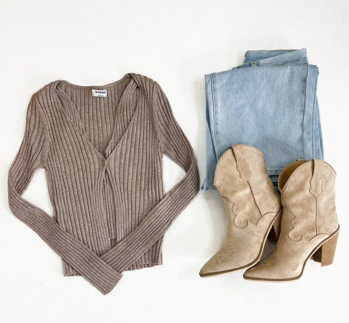 Elise Layered Ruffle Hem Sweater- Taupe