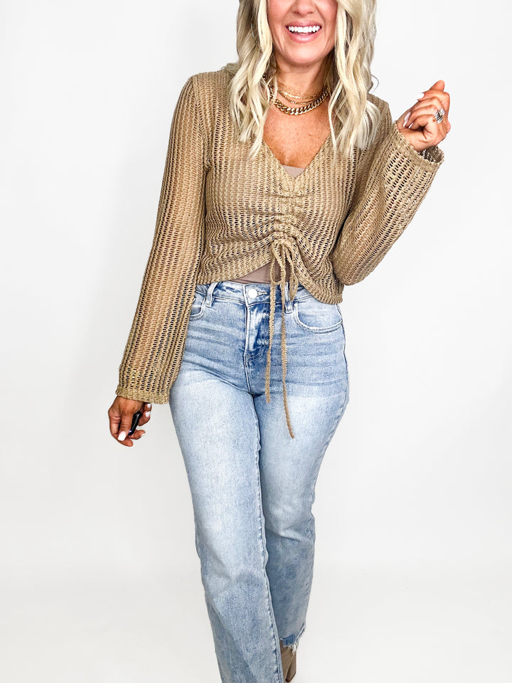 Sheer Crochet Drawstring Long Sleeve Top