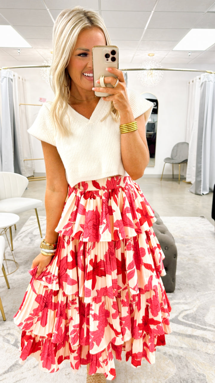 Floral Pleated Tier Midi Skirt