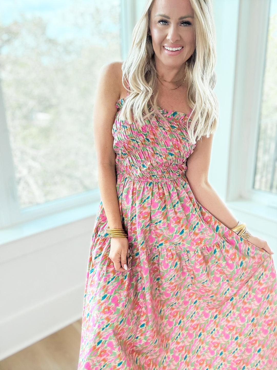 The Ivy Brushed Print Smocked Maxi Dress