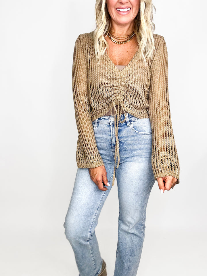 Sheer Crochet Drawstring Long Sleeve Top