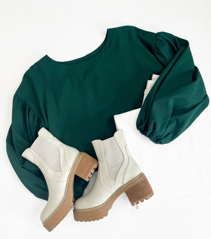 Hunter Green Cropped Balloon Sleeve Top