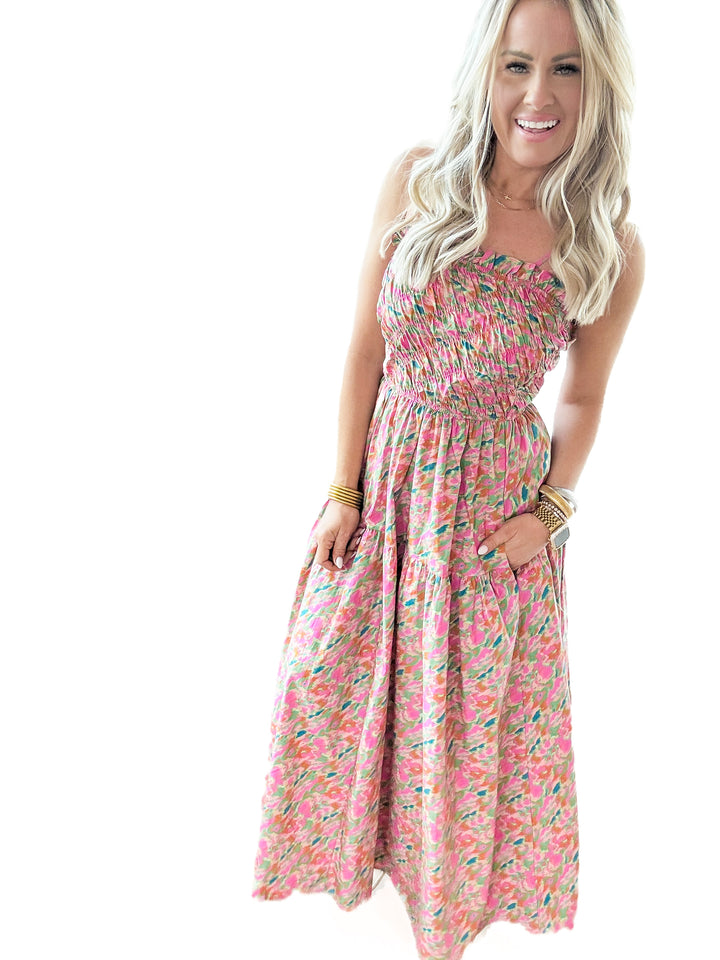 The Ivy Brushed Print Smocked Maxi Dress