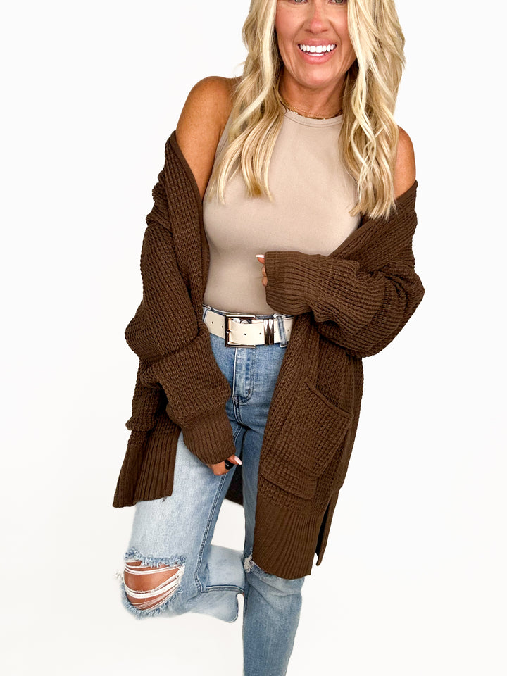 Brown Waffle Knit Cardigan