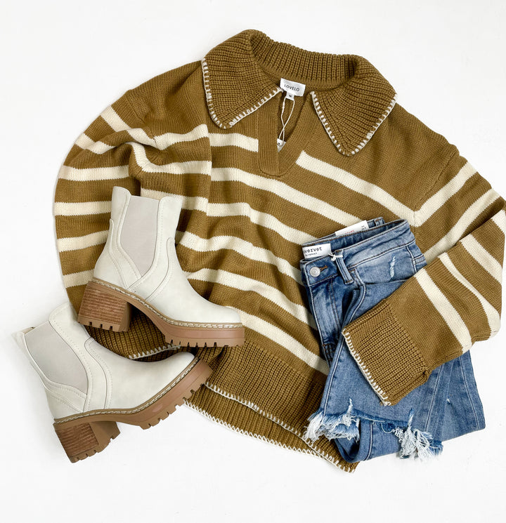 Clara Camel and Ivory Stripe Pattern Knit Sweater