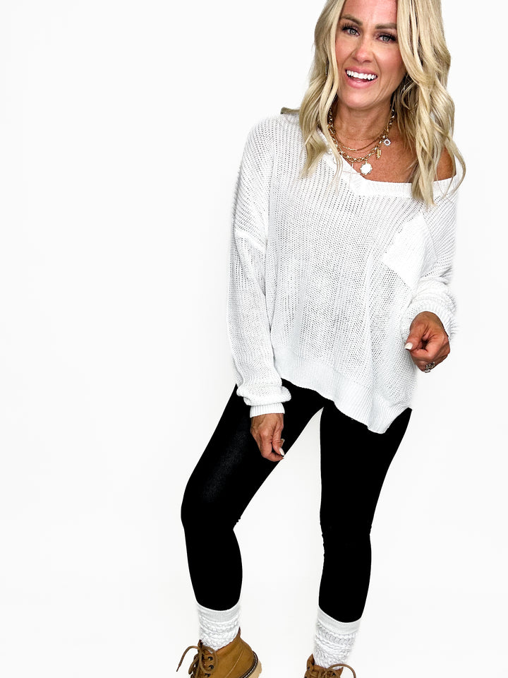 Mia White Oversized Ribbed V-Neck Sweater