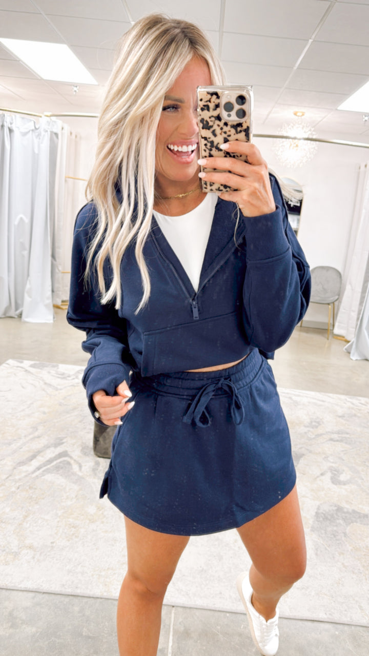 Cropped French Terry Hoodie-Navy