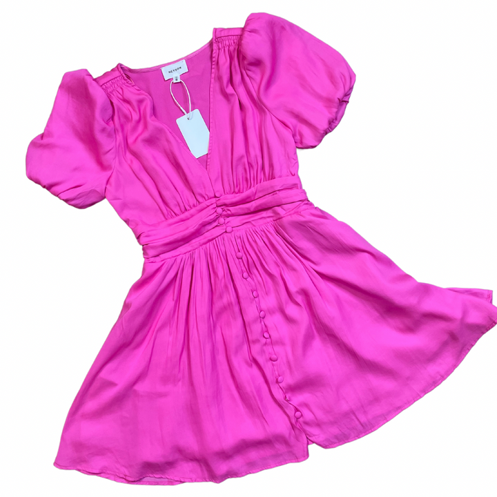 Waist Ruching Button Dress-Hot Pink