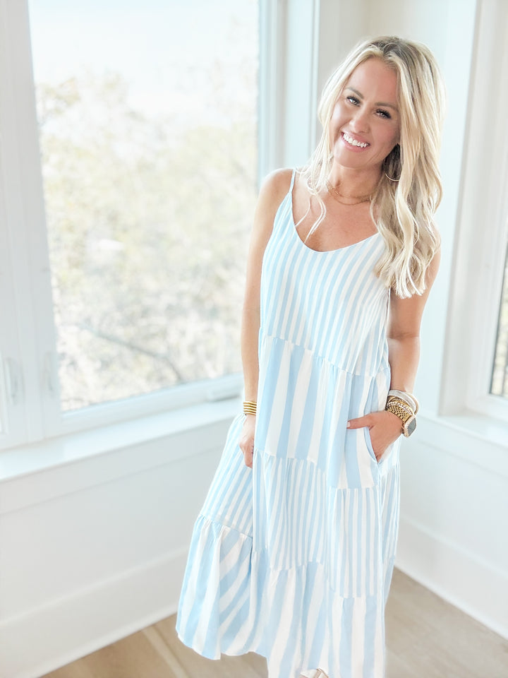 Summer Sky Blue Striped Tiered Midi Dress