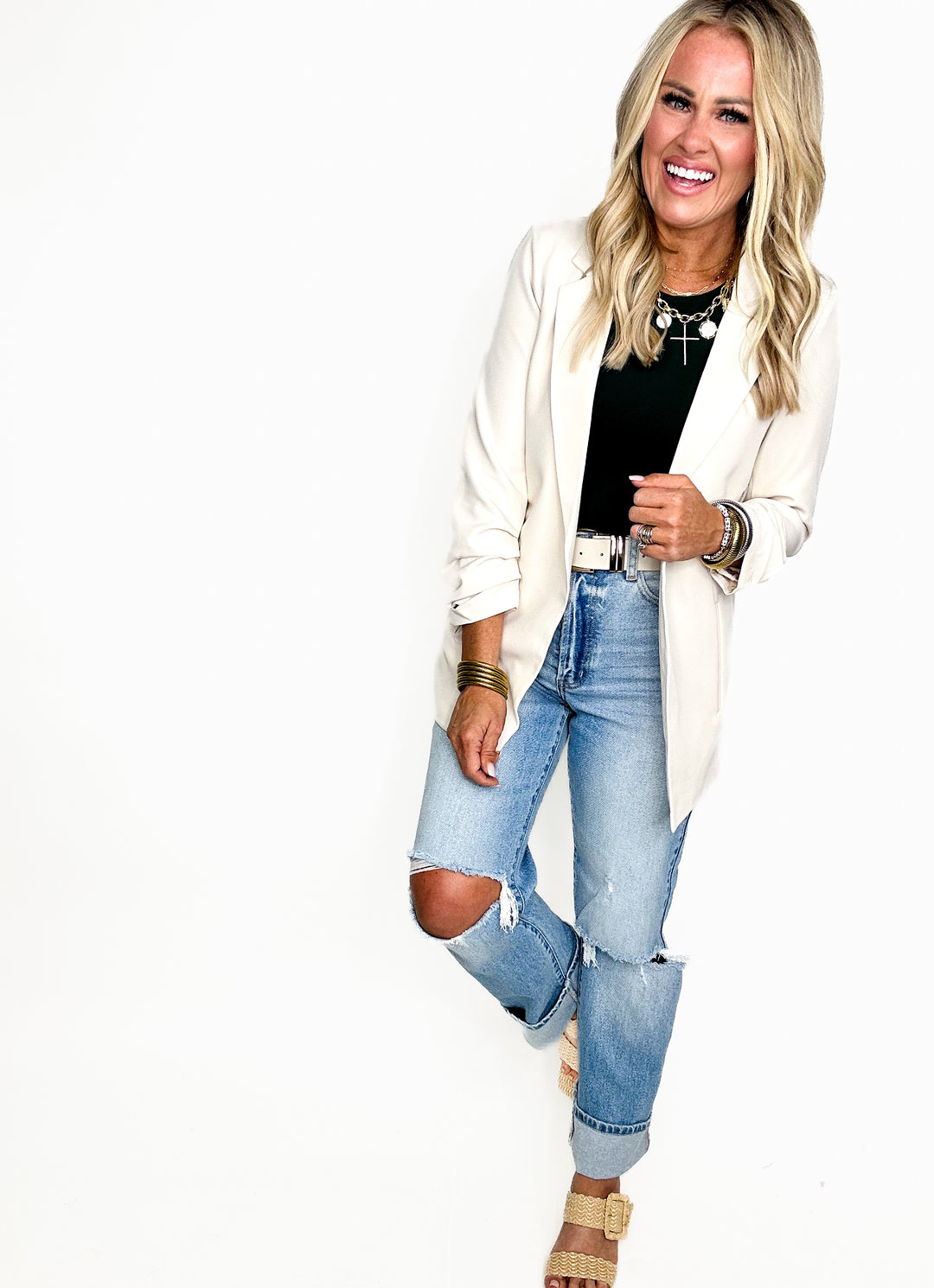 The Modern Ruched Sleeve Blazer-Cream