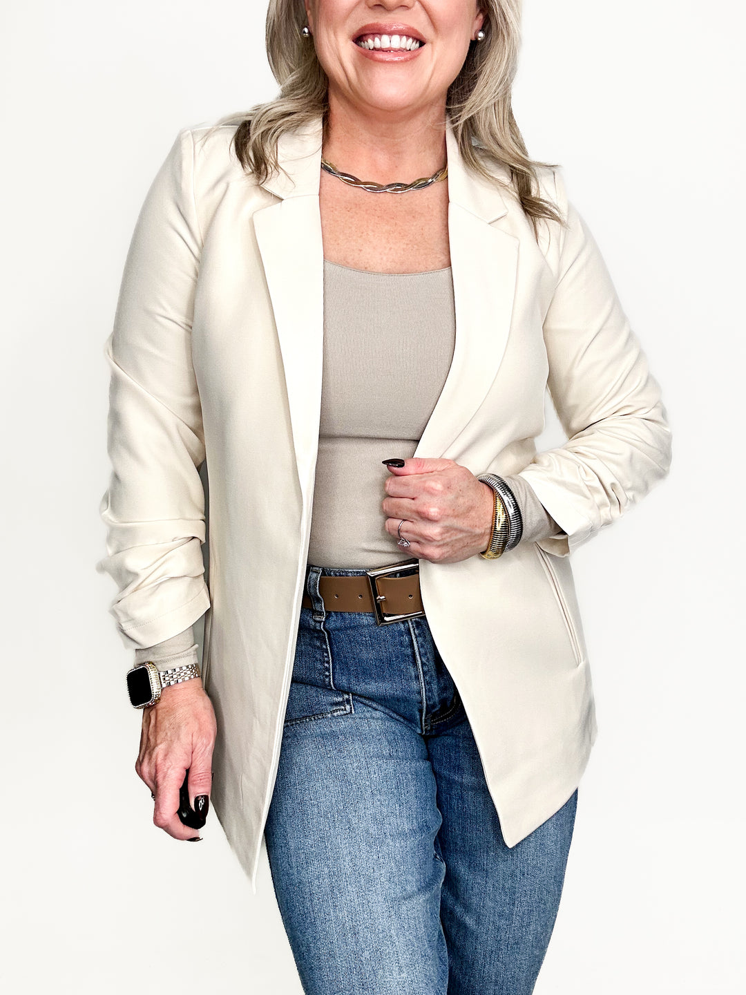 The Modern Ruched Sleeve Blazer-Cream