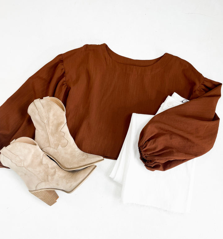 Brown Cropped Balloon Sleeve Top