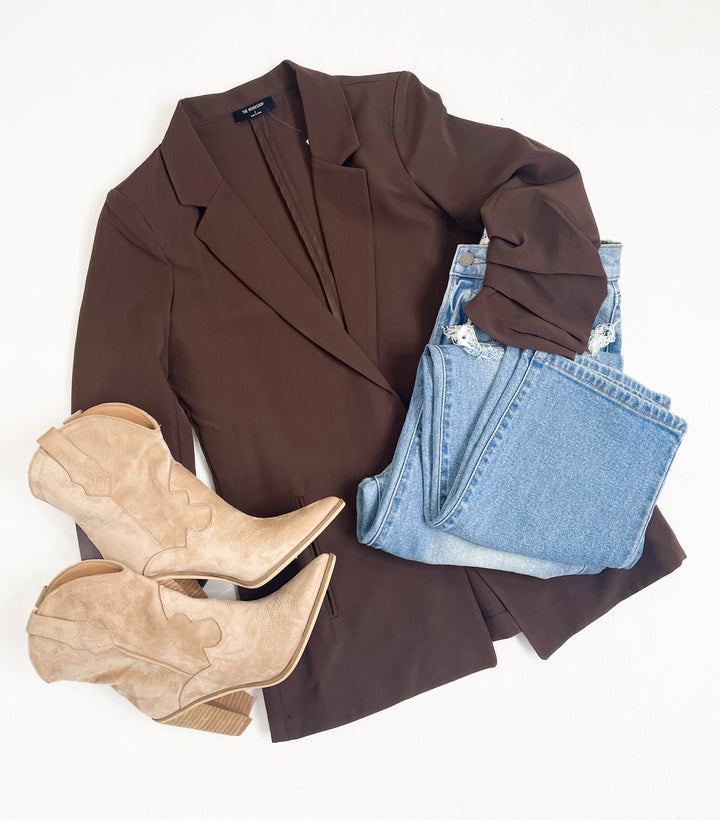 The Modern Ruched Sleeve Blazer- Mocha