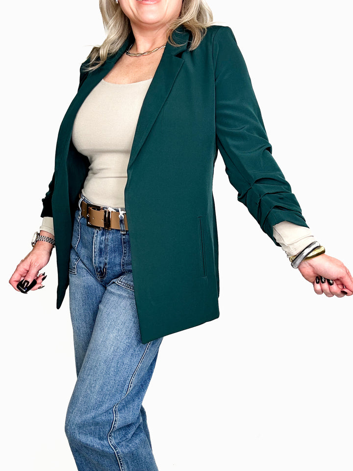 The Modern Ruched Sleeve Blazer-Hunter Green