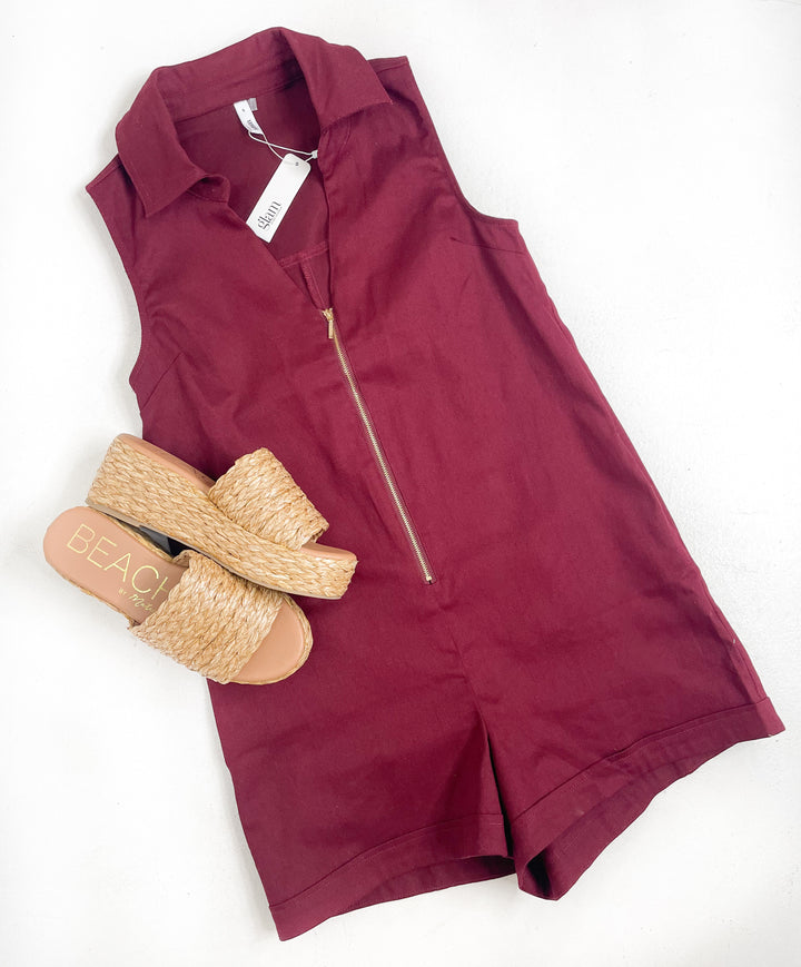 Golden Zip V-Neck Romper - Burgundy