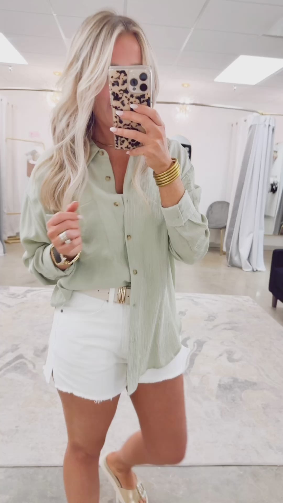 Olive- Camille Textured Button-Down Top