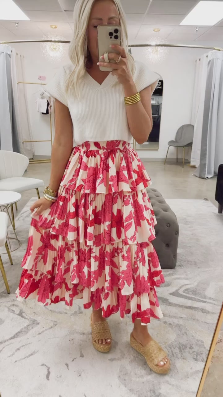 Floral Pleated Tier Midi Skirt